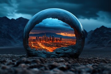 Fototapeta premium A vibrant cityscape with towering buildings is uniquely enclosed within a rocky sphere amidst a rugged landscape, offering a juxtaposition of nature and urban living.