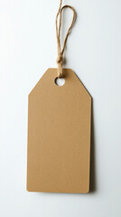 A brown tag with a hole in the middle. The tag is hanging from a string. The tag is empty and has no writing on it