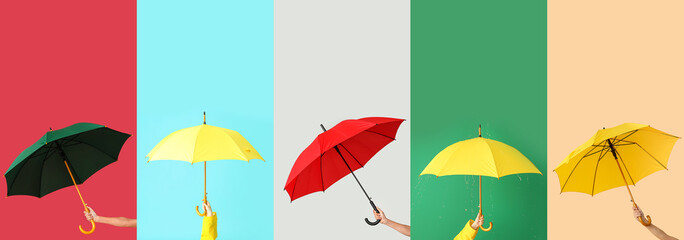Set of hands holding umbrellas on color background © Pixel-Shot