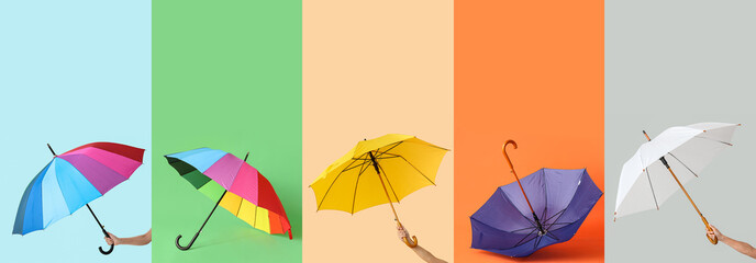 Set of bright umbrellas on color background © Pixel-Shot