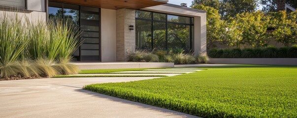 Warm beige synthetic grass installation in front of a contemporary home with a clean, angular concrete path