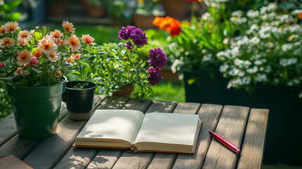 Open journal with pen on a wooden table surrounded by flowers.