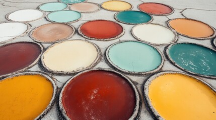 An array of colorful circles represents a diverse landscape of drying salt pans, capturing a vivid...