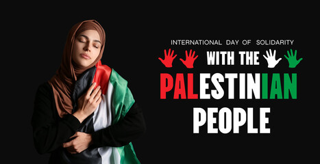 Young Muslim woman with Palestine flag on black background. Sorrow concept