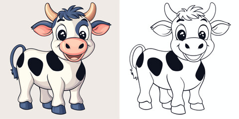 Obraz premium Happy Cow Cartoon Character Coloring Page Featuring Adorable Farm Animal Outline Fun Wildlife Art Playful Cute Creature Creative and Relaxing Drawing Activity for Kids