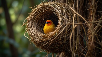 A small, bright yellow bird with a red head sits inside a woven nest made of twigs, looking out at the viewer.