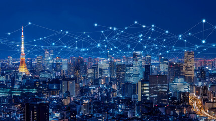 Naklejka premium Tokyo cityscape at night illuminated with glowing network connections.