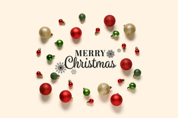 Frame made of different beautiful Christmas balls on light background