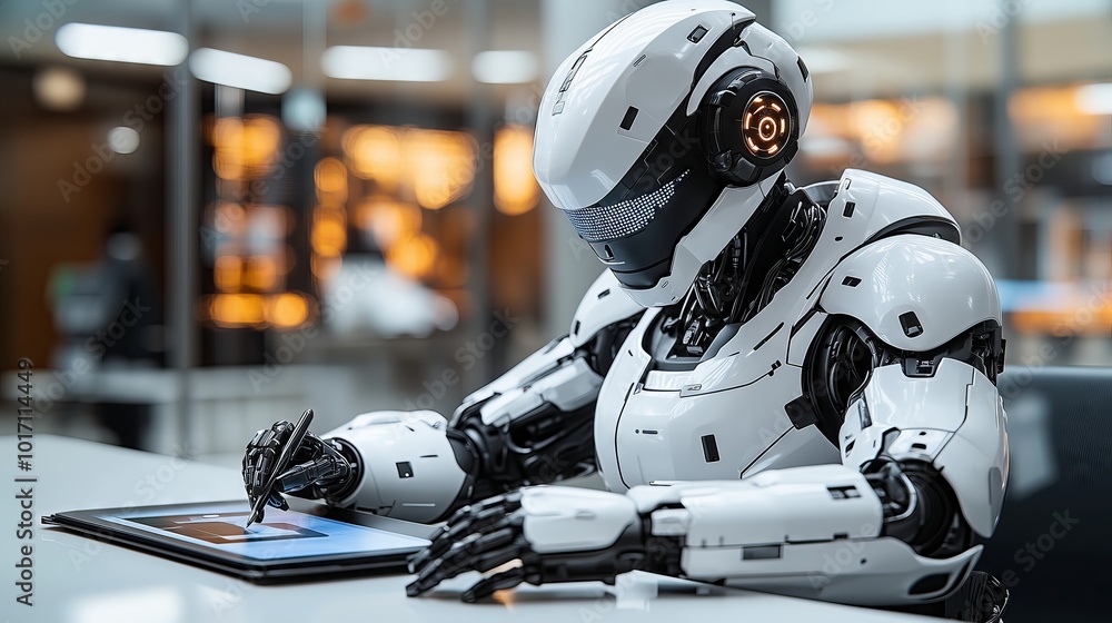 Poster advanced humanoid robot using digital tablet and pen in modern office