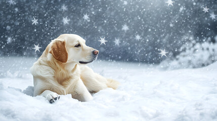 A dog playing in the snow with snowflakes falling all around in a winter wonderland