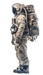 Fototapeta premium Side view of an astronaut in a full space suit isolated on white background