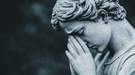 A close-up of a stone angel statue with its head bowed in prayer, a poignant reminder of faith and remembrance.