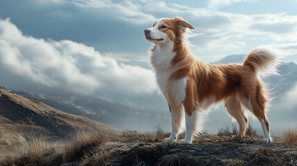 A dog standing proudly on a hilltop with the wind blowing through its fur