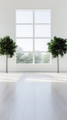Fototapeta premium Minimalist interior design with a large window and two potted plants.