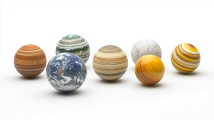 A collection of eight planets, each with distinct surface details, arranged in a row.