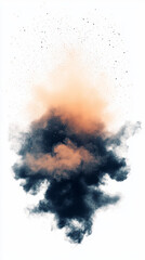 Abstract explosion of black and orange smoke on a white background.