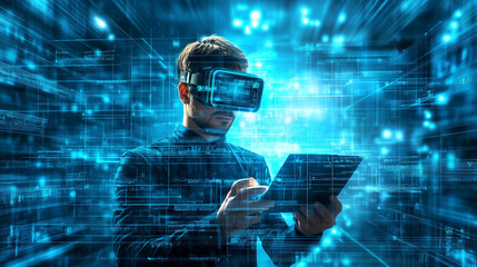 Man in VR headset immersed in a digital world, navigating a grid of glowing data.