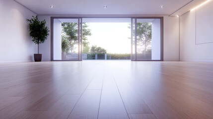 Obraz premium A spacious room with large glass doors that lead to a lush garden. The room features a light wood floor and a small potted plant in the corner.