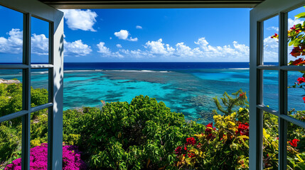 Fototapeta premium A tropical window view of a turquoise ocean, with lush green foliage and vibrant flowers.
