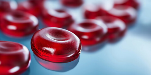 Close-up of a red blood cell, with others out of focus in the background.