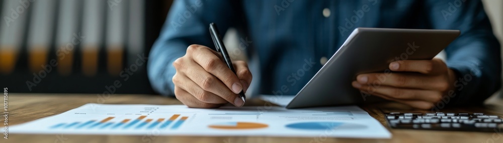 Aufkleber analyzing data with tablet and charts