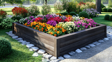 A raised garden bed filled with colorful flowers and a stone walkway surrounding it