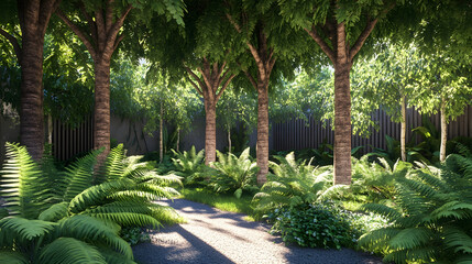 A shaded garden with tall trees and ferns providing a cool retreat on a hot summer day