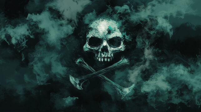 A skull and crossbones in a smoky, green, and shadowy background.