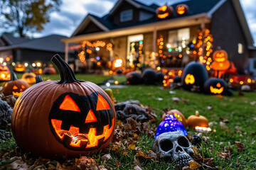 A lit jack-o'-lantern sits on a grassy lawn with a decorated house in the background.