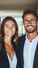 A young Caucasian man and woman in business attire smile confidently at the camera.
