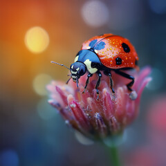 Obraz premium A ladybug perched on a delicate pink flower bud.