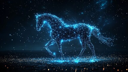 A digital composition of an animated horse, seamlessly formed by luminous blue stars, gracefully moving through a surreal cosmic backdrop, highlighting fantasy and beauty.