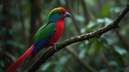 Naklejka premium A vibrant red, green and blue bird perches on a branch in a lush rainforest.