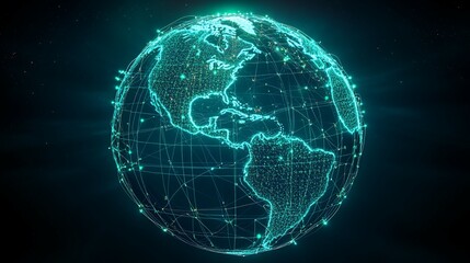A glowing, digital representation of the Earth with a network of lines and points.