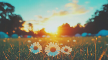 Obraz premium Close-up of daisies blooming in a field at sunset, with a blurry background of a campsite.