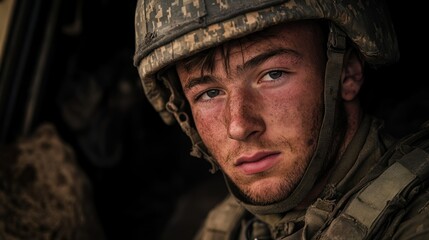 Obraz premium Close-up Portrait of a Soldier with Dirty Face and Camouflage Helmet