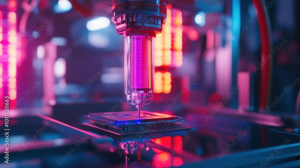Poster microscope lens focused on a glowing abstract pattern