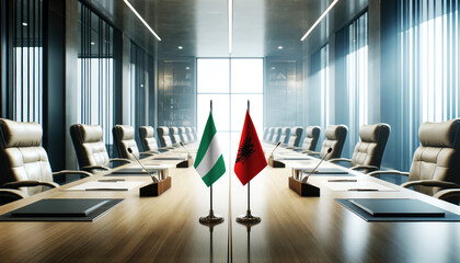 A modern conference room with Nigeria and Albania flags on a long table, symbolizing a bilateral meeting or diplomatic discussions between the two nations.