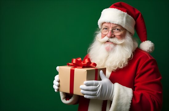 Santa Claus with gift box on green background. Copy place.