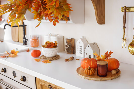 Beautifully decorated kitchen countertop showcases vibrant autumn leaves, pumpkins, and rustic elements. The warm colors create a cozy atmosphere perfect for the season of fall holidays.