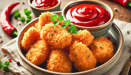 Crispy chicken nuggets paired with a tangy dip and garnished with herbs.