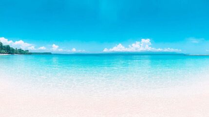 Fototapeta premium A panoramic view of a tropical beach with clear blue water and a white sandy shore.