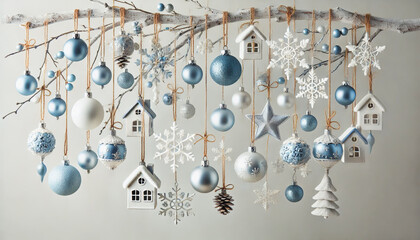 Obraz premium Festive holiday decor with baubles, snowflakes, and charming house ornaments.