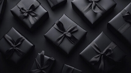 A row of black boxes with ribbons on them. The boxes are all the same size and shape