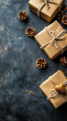 Three brown boxes with ribbons on top of a blue background. The boxes are decorated with pine cones and gold decorations