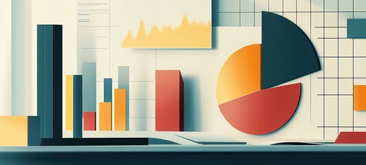 An income and expense report illustration designed for presentations, featuring large, clear headings and visual aids like pie charts and bar graphs to represent financial data