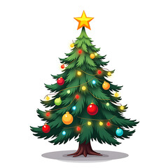 Illustration of christmas tree fully adorned with ornaments.