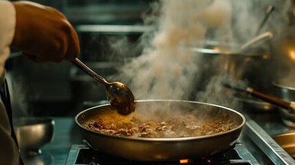 Close-up of a chef stirring a steaming pot of food with a spoon