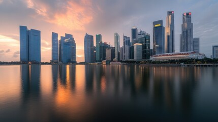 Naklejka premium Singapore Skyline with Reflections and a Pink Sunset
