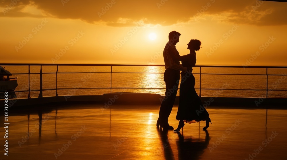 Sticker Silhouettes of a Couple Dancing at Sunset on a Cruise Ship Deck